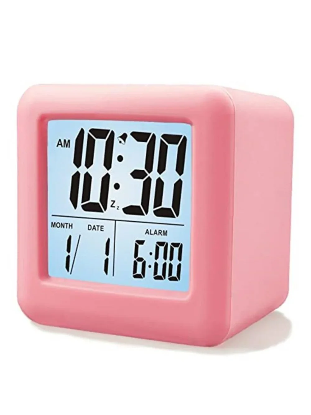 Pink Alarm Clock Large Display LCD Digital Clock Snooze Battery Portable Kids